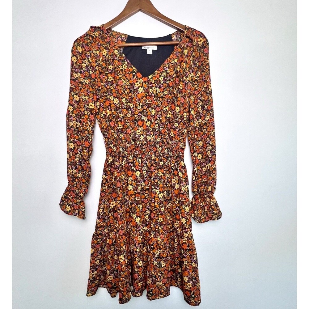 Bar III Dress Womens Size S Black Floral Pattern Cinch Waist Long Ruffle Sleeve